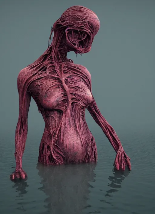 Image similar to melting woman inspired by zdzislaw beksinski, infinite lake, clothes made out of veins, rgb, cables everywhere, bedroom, ultra realistic, concept art, intricate details, highly detailed, photorealistic, octane render, 8 k