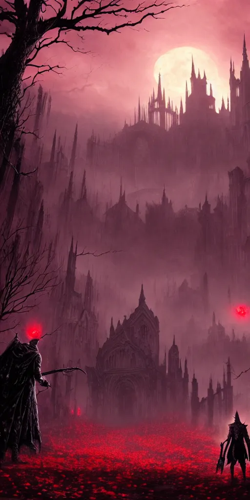 Image similar to abandoned bloodborne old valley with a obscure person at the centre and a ruined gothic city in the background, trees and stars in the background, falling red petals, epic red - orange moonlight, perfect lightning, wallpaper illustration by niko delort and kentaro miura, 1 6 k, ultra realistic