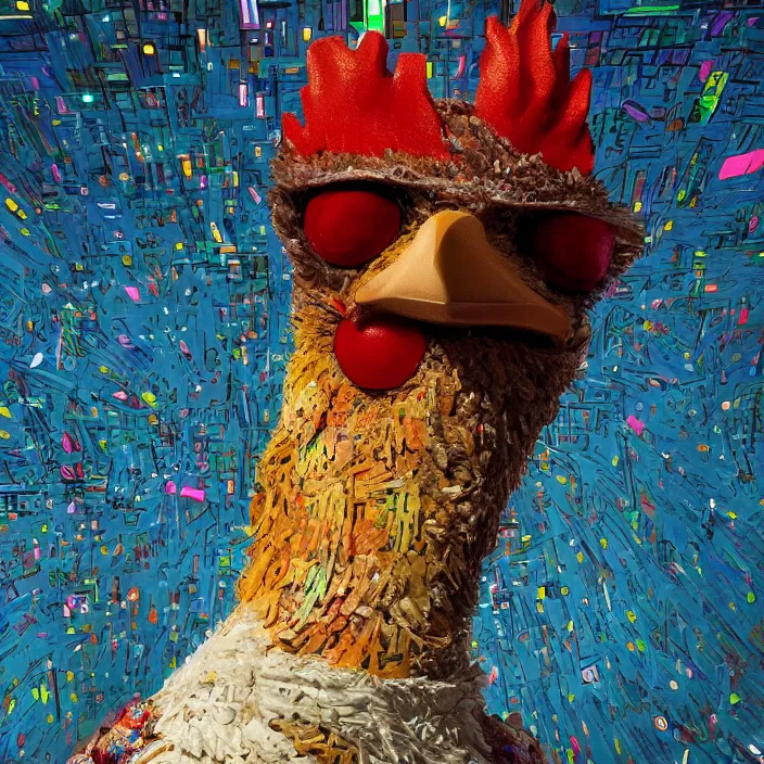 Image similar to portrait of David Bowie as a chicken in Chicken Run. intricate abstract. intricate artwork. by Tooth Wu, wlop, beeple, dan mumford. octane render, trending on artstation, greg rutkowski very coherent symmetrical artwork. cinematic, hyper realism, high detail, octane render, 8k, iridescent accents