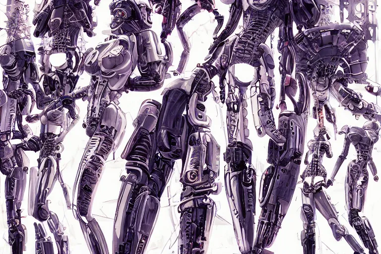 Prompt: a cyberpunk illustration of a group of female androids in style of masamune shirow, lying scattered across an empty, white floor with their bodies rotated in different poses and cables and wires coming out, by yukito kishiro and katsuhiro otomo, hyper-detailed, intricate