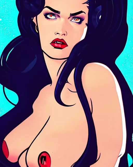 Image similar to low angle closeup very seductive megan fox retro scifi goddess pinup, vr goggles, action glamour pose, windblown dark hair, hyper detailed, digital art, studio lighting, smooth, ambient lighting, sharp focus, frank miller, wlop, anna dittmann, moebius!, alphonse mucha, patrick nagle!!!, rim lighting, synthwave
