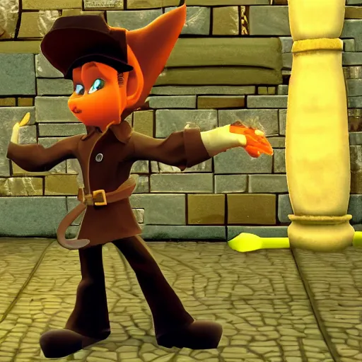 Prompt: screenshot of a cute humanoid inspector dragon with a brown trenchcoat as an npc in spyro the dragon video game, with playstation 1 graphics, activision blizzard, upscaled to high resolution