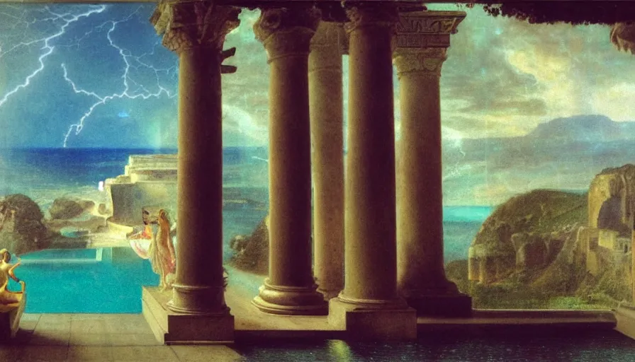 Image similar to From Inside the giant Palace, mediterranean balustrade and columns line, refracted sparkles, thunderstorm, greek pool, beach and Tropical vegetation on the background major arcana sky and occult symbols, by paul delaroche, hyperrealistic 4k uhd, award-winning, very detailed paradise