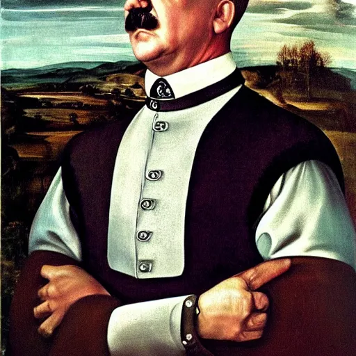 Image similar to ‘Portrait of Adolf Hitler in womens clothes, renaissance painting’