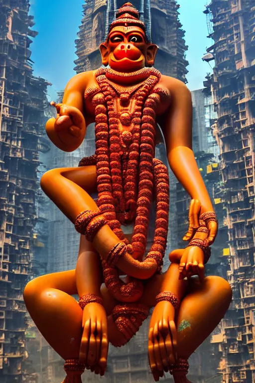 Image similar to high quality 3 d cyberpunk biomorphic hanuman! head building in the middle of mumbai!!, kalighat highly detailed, cinematic smooth, stephen shore & john j. park, soft morning light, wide shot, high angle, uhd 8 k, sharp focus