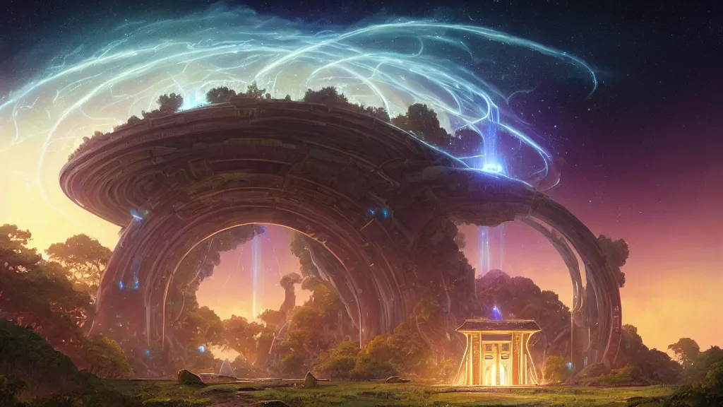 Prompt: a vast ancient waterfall planet with fireflies and futuristic glowing temple stargate portal at night and lots of cummulonimbus clouds by makoto shinkai, moebius!, oliver vernon, joseph moncada, damon soule, manabu ikeda, kyle hotz, dan mumford, by kilian eng