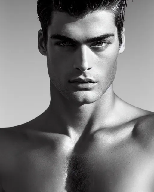 Prompt: sean o'pry deep looking into the camera, defined cheekbones, closed eyes, herculean, bulging muscular figure, beautiful gigachad, soft lighting, highly detailed face, sharp focus, photo by herb ritts