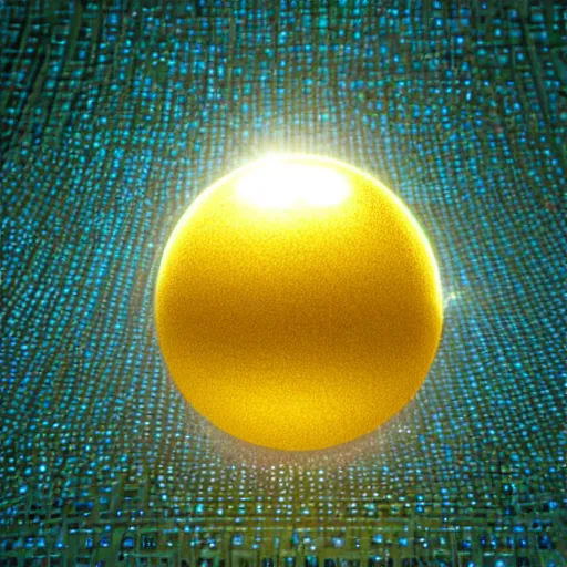 Image similar to a ball of gold nanoparticles, illuminated by a red laser beam, the environment is living