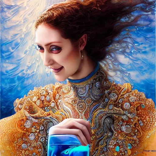 Image similar to a beautiful woman wearing a kaftan manipulating water by karol bak, ayami kojima, artgerm, river, water, blue eyes, smile, concept art, fantasy