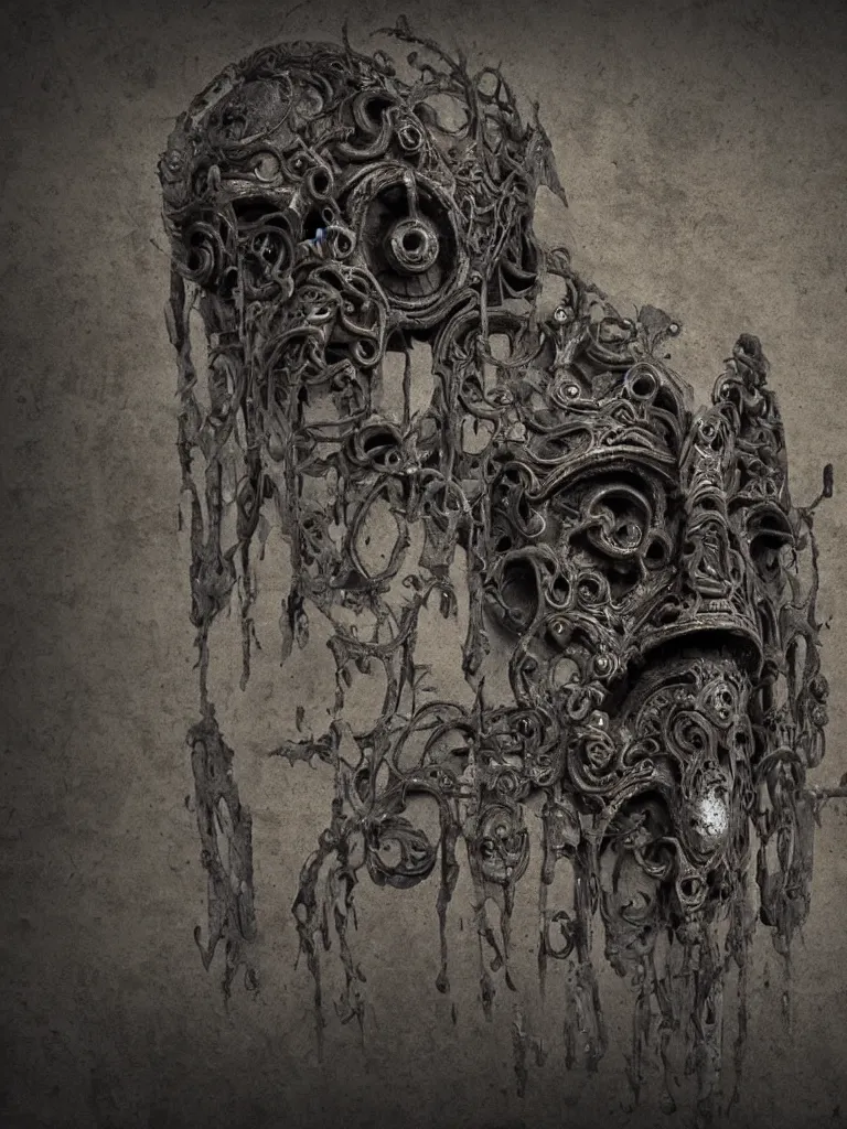Image similar to extra wide view. an ominous dark ancient mask. barron. worn out photography. sepia. cracks. hyper - detailed. gothic steampunk. low poly medieval baroque. symmetric. epic. hyper - realistic. unreal render.