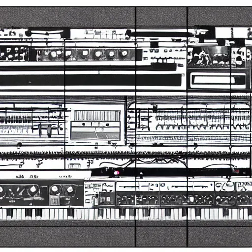 Image similar to a schematics of a modular synthesizer, cave painting, musical,