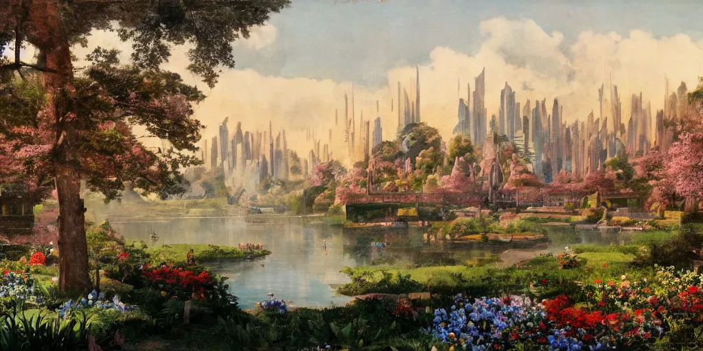 Prompt: establishing matte painting of a utopian city designed by frank lloyd wright in spring, flowers, trees, lake