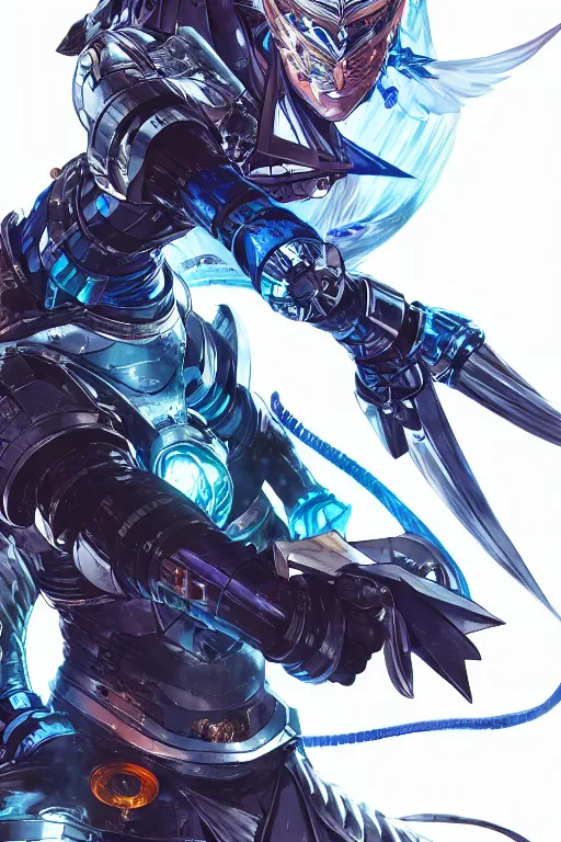 Image similar to concept art, anime portrait of a ninja cyborg warrior wearing an intricate azure wolf themed armor by Masamune Shirow, Stanley Artgerm Lau, WLOP, Rossdraws, James Jean, Andrei Riabovitchev, Marc Simonetti, and Sakimichan, trending on artstation