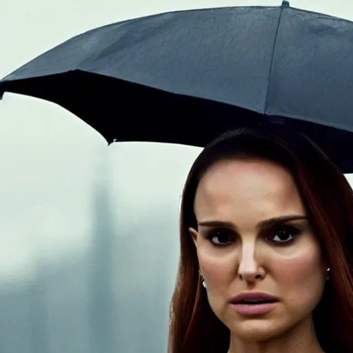 Prompt: Natalie Portman as Natasha Romanoff (The Black Widow), dramatic cinematic portrait, rain