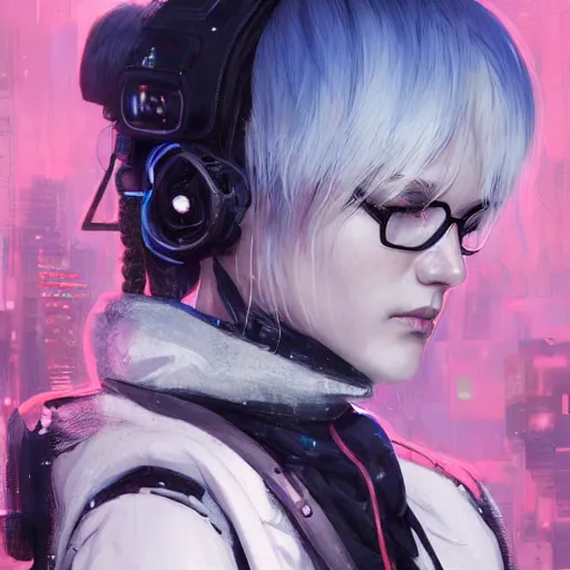 Image similar to very cool girl white hair girl with mask, streetwear, techwear, cyberpunk style outfit, full body, nose piercing, detailed portrait, intricate complexity, by greg rutkowski, cushart krentz, artgerm, ross tran, conrad roset, takato yomamoto, ilya kuvshinov. 4 k, beautiful, cinematic dramatic atmosphere, portrait lighting