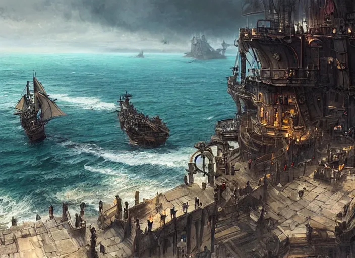 Prompt: A beautiful medieval metropolis built on a cliff overlooking the ocean, a large black pirate ship waiting in the pier. Fantasy digital painting by Greg Rutkowski