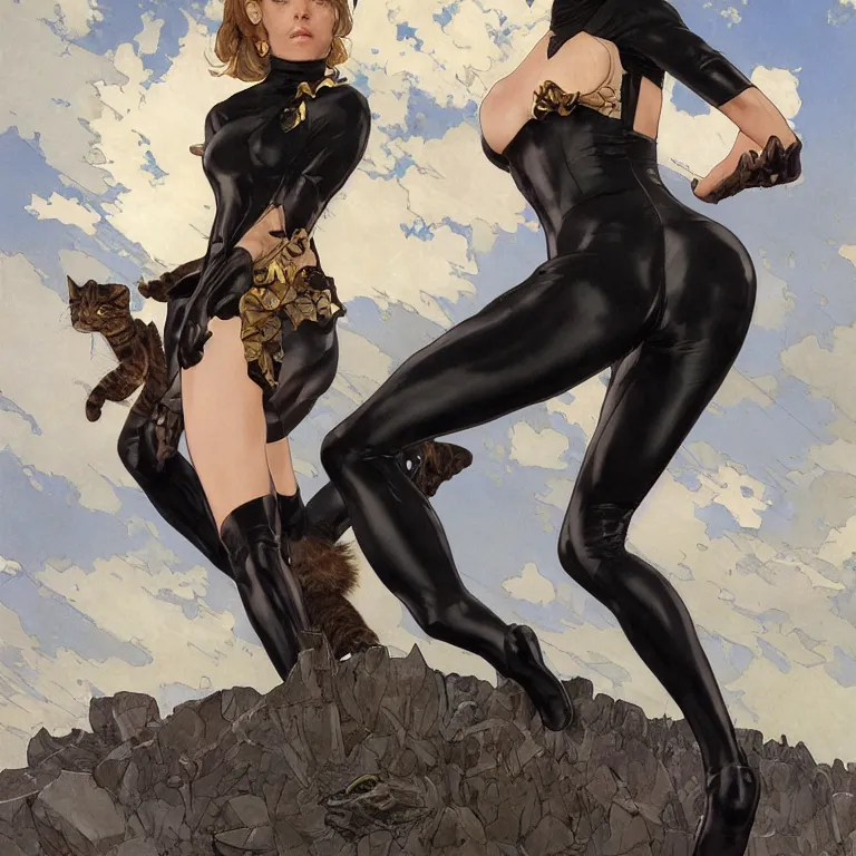 Image similar to Erin Moriarty as Cat Woman, highly detailed, digital painting, artstation, concept art, smooth, sharp focus, illustration, ArtStation, art by artgerm and greg rutkowski and alphonse mucha and J. C. Leyendecker and Edmund Blair Leighton and Katsuhiro Otomo and Geof Darrow and Phil hale and Ashley wood and Ilya repin and Charlie Bowater