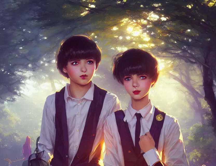 Image similar to a beautiful fashion big eye girl wear flashy dress and a handsome boy wear school uniform in festival | | sunny, dreamlike art, mist, realistic shaded, smile, good looking, fine details, 4 k realistic, cryengine, realistic shaded lighting poster by greg rutkowski, magali villeneuve, artgerm, jeremy lipkin and michael garmash and rob rey