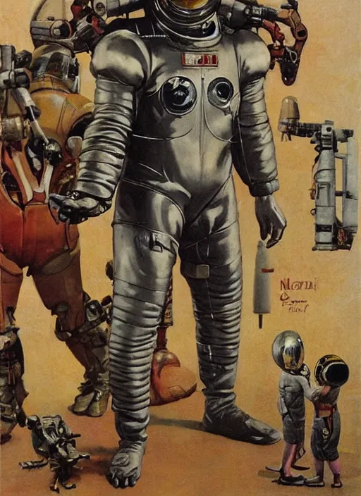 Image similar to 5 0 s pulp scifi fantasy illustration full body portrait martyn ford in spacesuit meets alien man from venus, by norman rockwell, roberto ferri, daniel gerhartz, edd cartier, jack kirby, howard v brown, ruan jia, tom lovell, frank r paul, jacob collins, dean cornwell, astounding stories, amazing, fantasy, other worlds