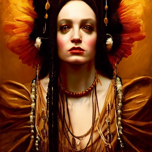 Image similar to highly detailed oil painting | very intricate | cinematic lighting | the voodoo priestess dressed very elaborate | by roberto ferri, by tom bagshaw, by j. c. leyendecker and klimt, beautiful cinematic light, american romanticism, by austin osman spare, artstation, cgsociety, official art, octane