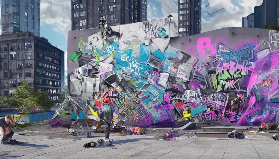 Image similar to urbanpunk - graffiti artists creating a mural on a building in a high - tech, futuristic inner city 0 f new york, urbanpunk youth, fashionable street clothing, spray cans, friends, blacklight graffiti street art, octane render, unreal 5, 8 k digital art, highly detailed, in the style of boondocks