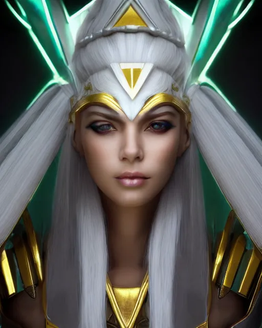 Image similar to perfect white haired attractive egyptian goddess, warframe armor, pharaoh headdress, beautiful, symmetric, dreamy, half asian, pretty face, green eyes, charlize theron, detailed, scifi platform, laboratory, experiment, 4 k, ultra realistic, epic lighting, android body, illuminated, cinematic, masterpiece, art by akihito tsukushi, voidstar