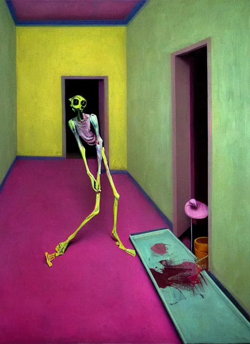 Image similar to a skinny, starving artist wearing overalls, painting the walls inside a grand ornate chernobyl sarcophagus, hauntingly surreal, highly detailed painting by francis bacon, edward hopper, adrian ghenie, gerhard richter, and james jean, soft light 4 k in pink, green and blue colour palette