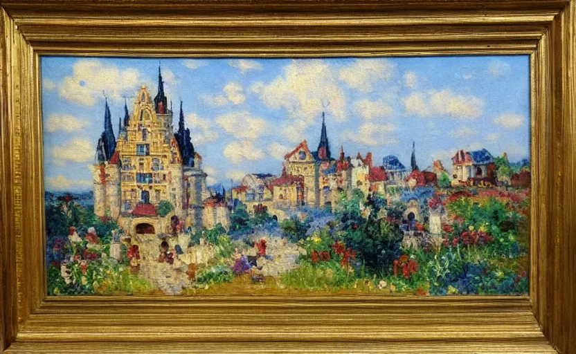 Image similar to a French impressionist oil painting of a lego castle