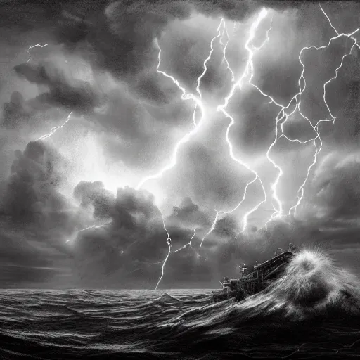 Prompt: large pepe the frog fighting lightning storm above a stormy ocean, architectural model, studio lighting, low contrast, single building, arsitektur nusantara by gustave dore, nineteenth century, black and white, vintage, science fiction, epic composition, dramatic lighting, highly detailed