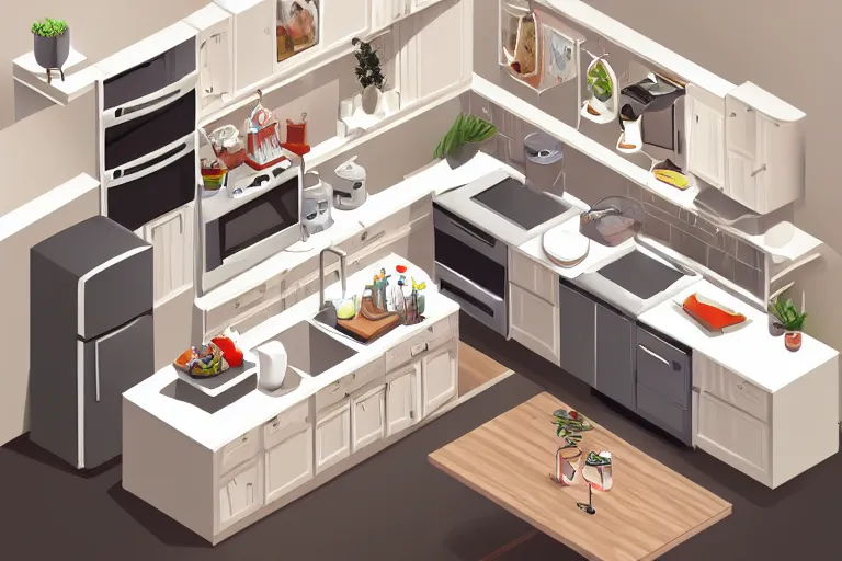 Prompt: cute kitchen, refrigerator, sink, isometric art, white furniture, bright, artstation, highly detailed, cinematic lighting + masterpiece