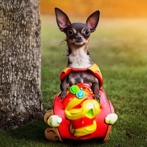 Image similar to photo of mini brown chihuahua in a bowser costume. Post processing , award winning , masterpiece , photo realistic