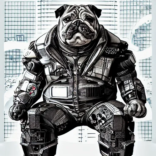 Image similar to « a comic styled cyborg bulldog sitting down, cyberpunk digital art by greg rutkowsky, illustration, future tech, sketchfab »