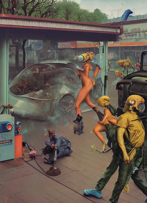 Prompt: realistic detailed image of figures wearing gasmasks at a gas station with small vegetation in the style of Francis Bacon, Surreal, Norman Rockwell and James Jean, Greg Hildebrandt, and Mark Brooks, triadic color scheme, By Greg Rutkowski, in the style of Francis Bacon and Syd Mead and Edward Hopper and Norman Rockwell and Beksinski, open ceiling, highly detailed, painted by Francis Bacon, painted by James Gilleard, surrealism, airbrush, Ilya Kuvshinov, WLOP, Stanley Artgerm, very coherent, art by Takato Yamamoto and James Jean