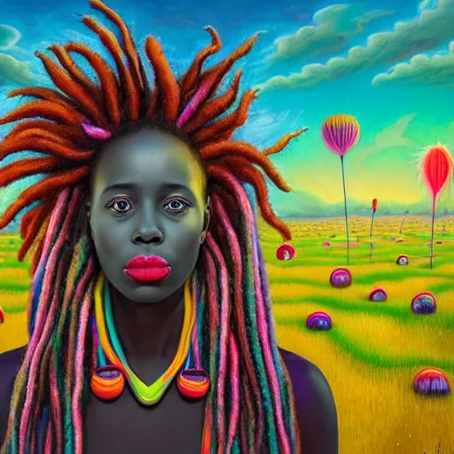 Image similar to a wide angle shot of a black girl with colorful dreadlocks in a field of candy, by Adi granov and afarin sajedi and amanda sage and evgeni gordiets and Agostino Arrivabene and adonna khare in a psychedelic portrait style, ultrarealistic matte painting, volumetric lighting, fractal, extremely symmetrical, highly detailed face, orisha, 8k, hd