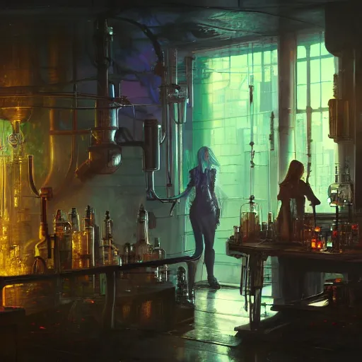 Image similar to cyberpunk alchemy laboratory full of potions, ciri from the witcher it's in the lab. by jeremy mann and alphonse mucha, photo realistic, dynamic lighting, windy, artstation, poster, dreamy, volumetric lighting, ethereal, 4 k, high detail