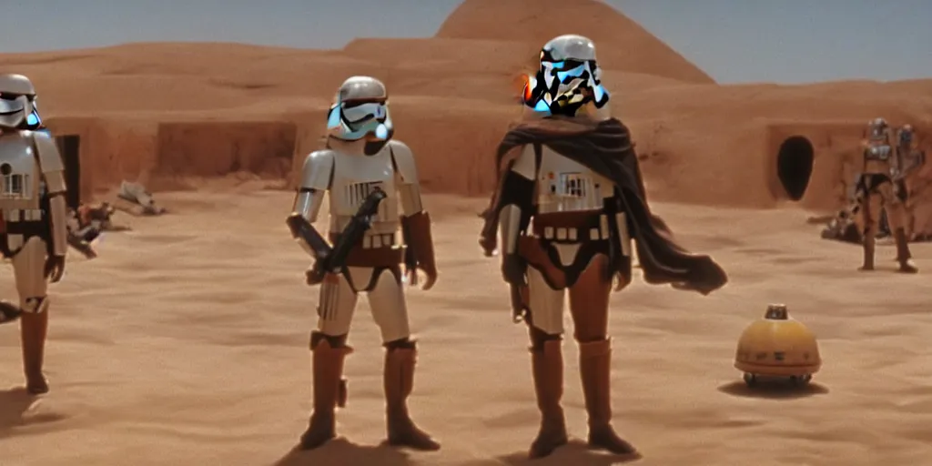 Prompt: film still from Star Wars, Bill and Ted on Tatooine