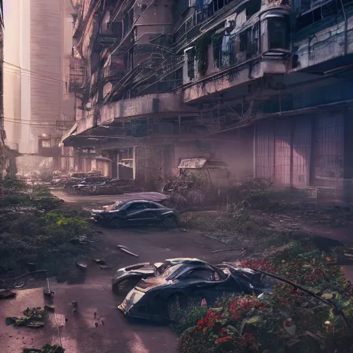 Image similar to beautiful nature reclaiming a dystopian city, cyberpunk, sharp focus, dynamic lights, still, photograph, hyper realistic, masterpiece, octane render, rendered, 3 d, cinematic, cinematic lighting, dramatic lighting, highly detailed, intricate details, texture, cinematic composition, wide shot, by donglu yu and kevin jick and eddie del rio