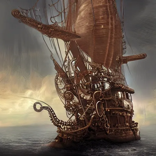 Image similar to A steampunk ship that looks like an octopus, digital art, hyperrealistic, epic, dramatic lighting