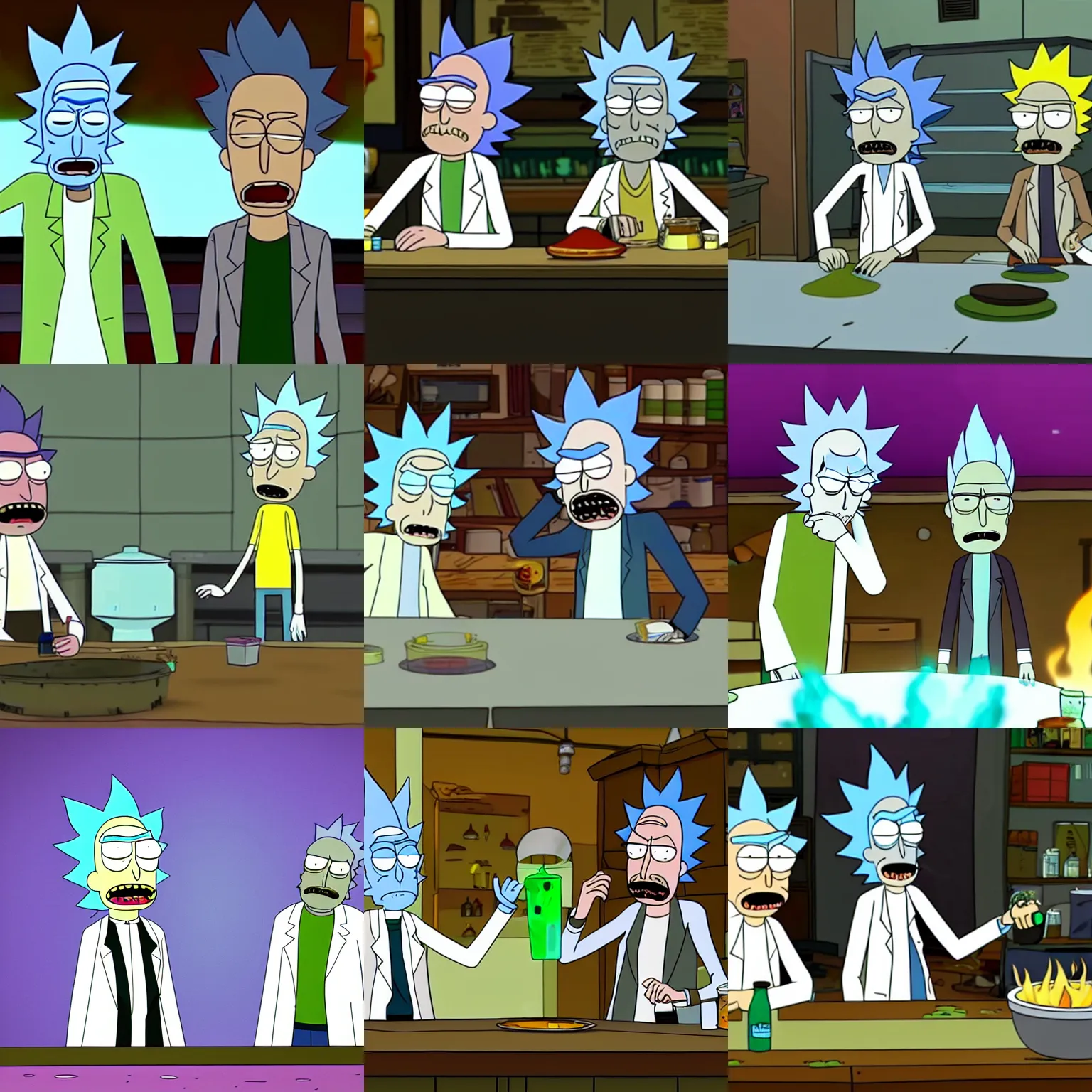 Prompt: Rick Sanchez and Walter White make potions in the TV series Rick and Morty