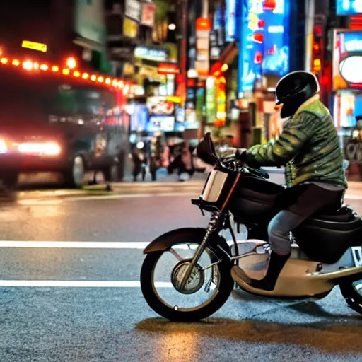 Image similar to duck driving a motorcycle through tokyo at night