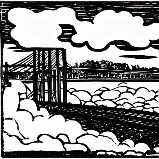 Prompt: small steel suspension bridge built in 1 9 2 8, side view, puffy clouds in background, woodcut style, rubber stamp, 8 k