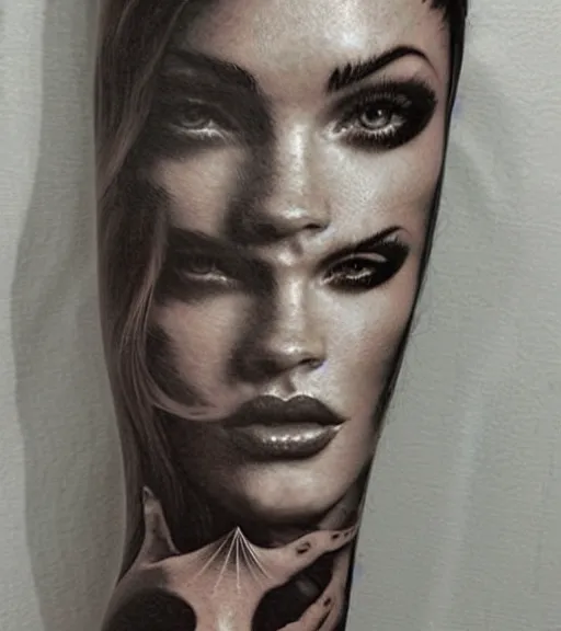 Image similar to double exposure effect tattoo design sketch of megan fox with beautiful mountain scenery, realism tattoo, in the style of matteo pasqualin, amazing detail, sharp