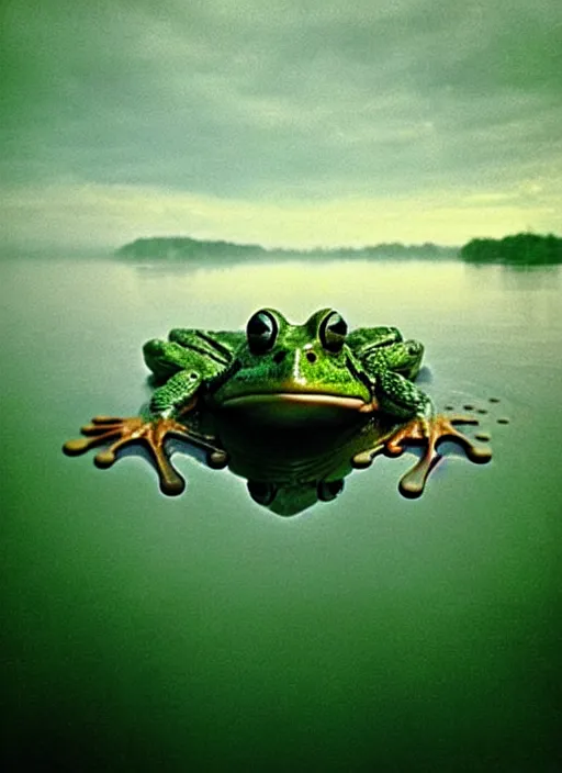 Prompt: “smiling frog vertically hovering over misty lake waters in jesus christ pose, low angle, long cinematic shot by Andrei Tarkovsky, paranormal, eerie, mystical”