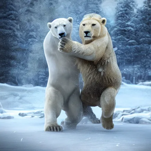 Prompt: A Polar Bear fighting an Male Lion, artstation, 4k detailed