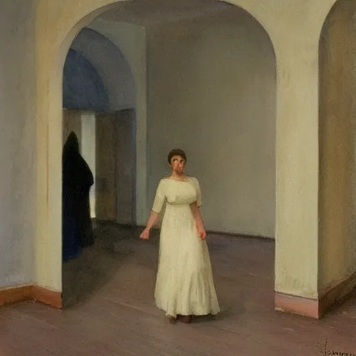 Image similar to a procession of woman in an abandoned soviet temple, watercolor by ivan biblin, by hammershøi, art noveau, highly detailed, lights by edward hopper, liminal, eerie, bright pastel colors