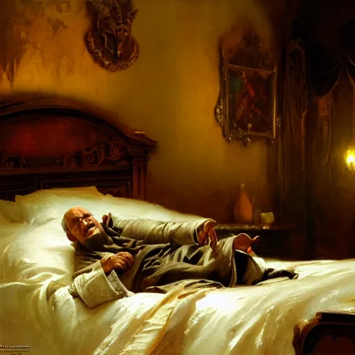 Prompt: the catholic pope in his bed, terrified, because a horned shadow demon is approaching his bed. highly detailed painting by gaston bussiere, greg rutkowski, craig mullins 8 k