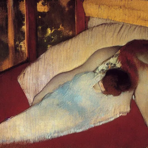 Prompt: backside of a woman lying on a veranda painting by degas