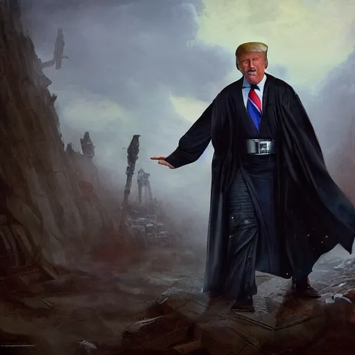 Prompt: Donald Trump as a jedi hero, capitol hill, post-apocalyptic, cinematic, atmospheric, highly detailed, Emanuel Leutze, Carl Wahlbom