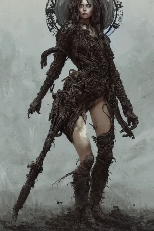 Prompt: a full body portrait of a beautiful post apocalyptic offworld nordic necromancer reposed by the bubbling mud pits, intricate, elegant, highly detailed, digital painting, artstation, concept art, smooth, sharp focus, illustration, art by krenz cushart and artem demura and alphonse mucha