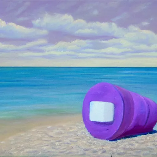 Prompt: an oil painting of a giant white styrofoam cup on the beach, the beach has purple water, surrealism